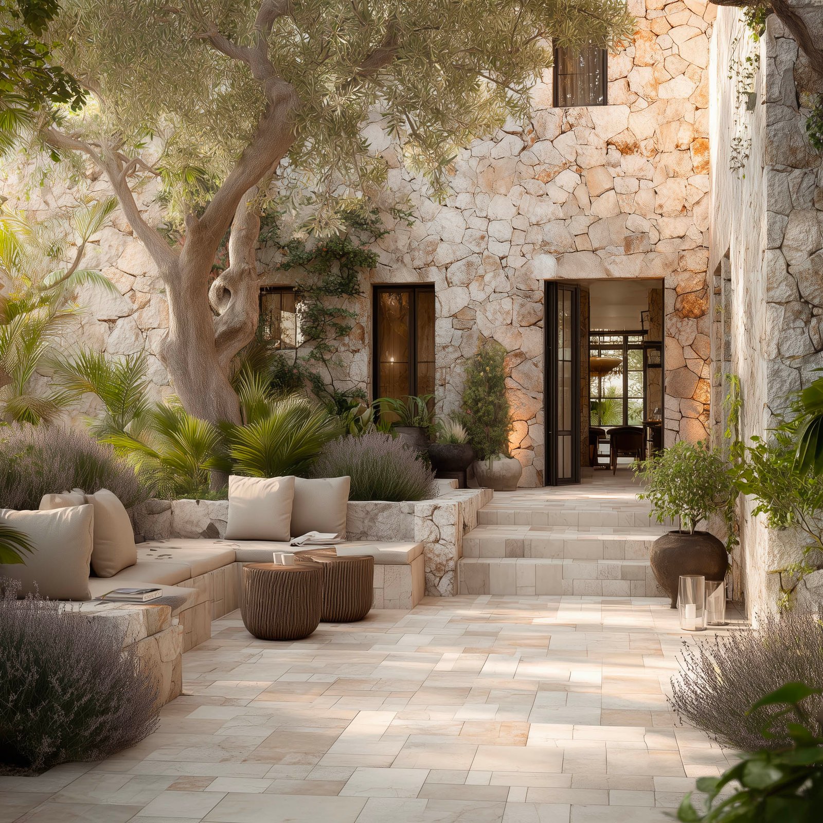 Harmonious architectural terrace garden where stone, vegetation and proportions create balance and calm.